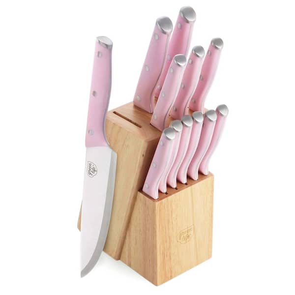 Knife Set, 8 Pcs Pink Kitchen Knife Set, Non Stick Coating Stainless Steel Knife Set with Block, Thick and Sharp Anti-rust Chef Knife Block Set