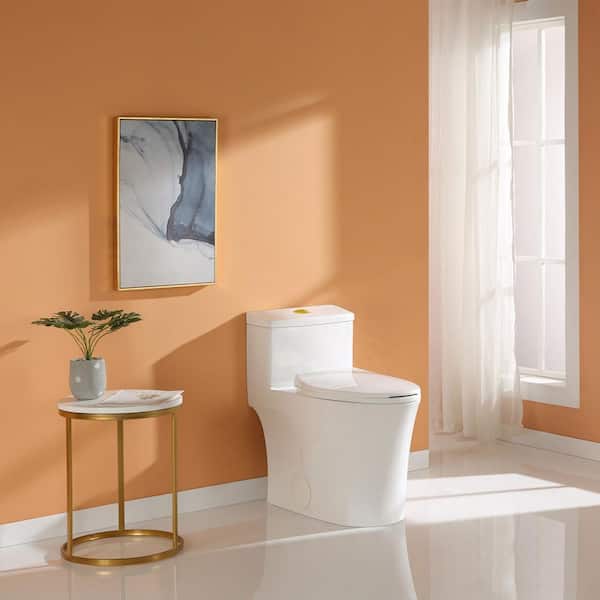 One-Piece 0.8/1.28 GPF Dual Flush Elongated Toilet in White Seat Included and Brushed Gold Button