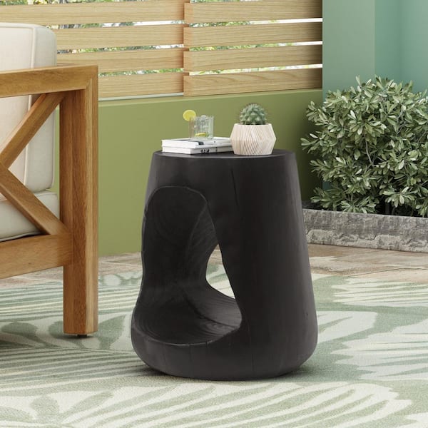 Harper & Bright Designs Black Round Hollow MGO Concrete Outdoor Side Table with Wood-like Texture