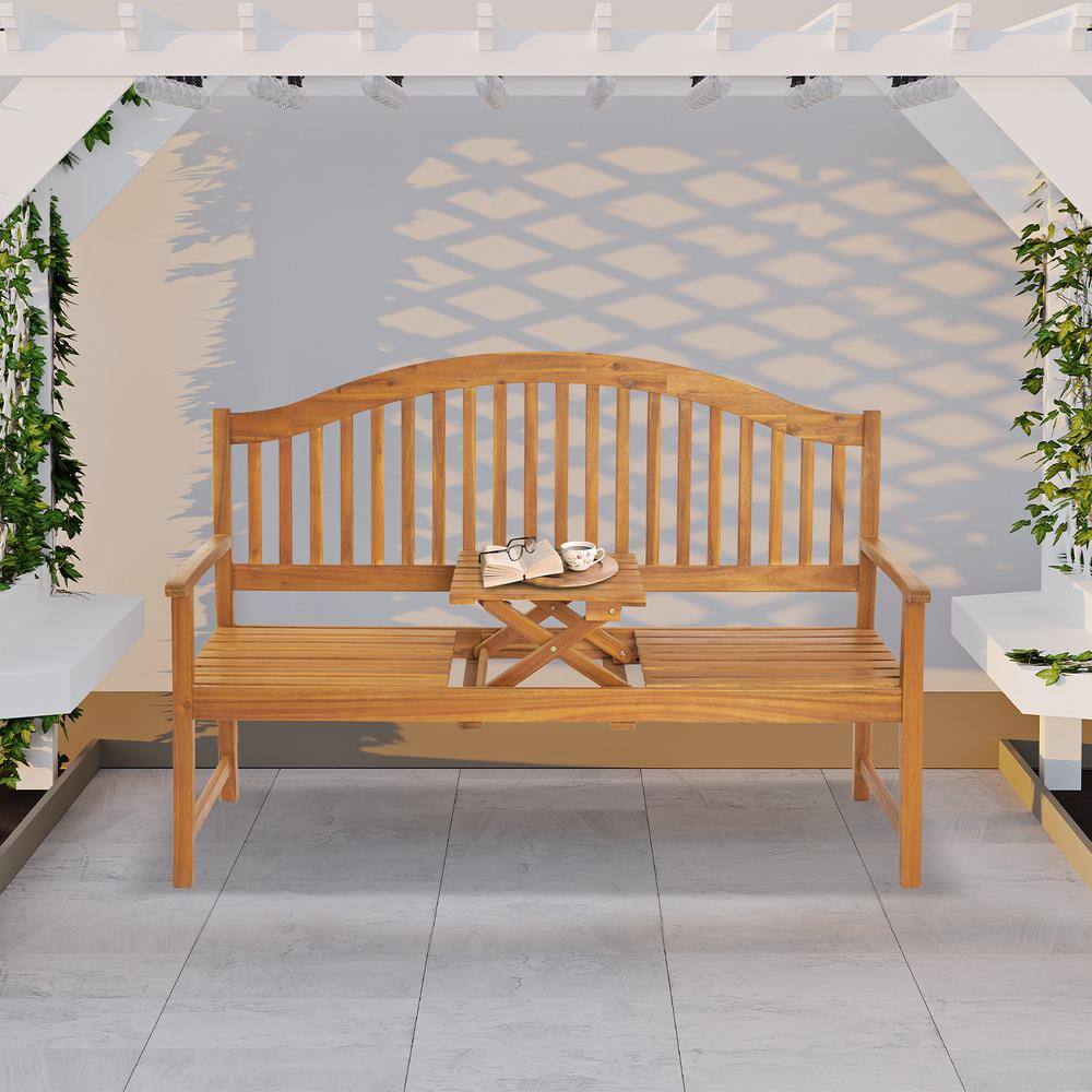 59" Rustic Acacia Wood Outdoor Bench with Pop-Up Table