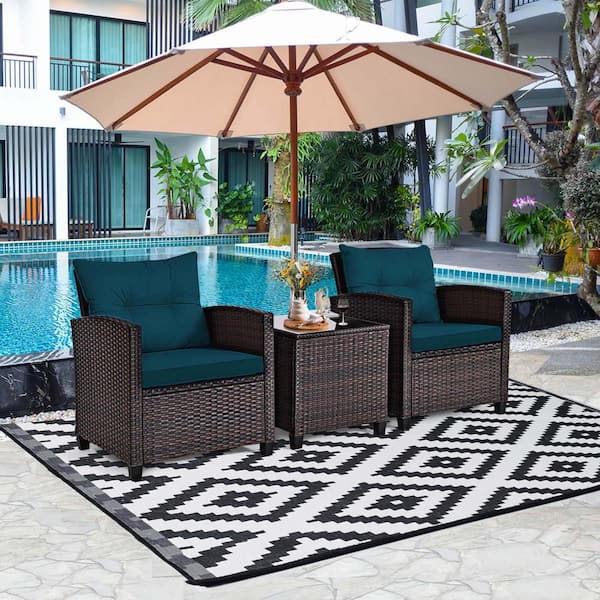 3-Piece Rattan Wicker Patio Conversation Set Sofa Coffee Table with Blue Cushions