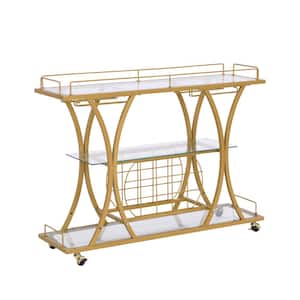 11-Bottle Golden Iron Wine Bar Cabinet on Wheels with Wine Racks and Glass Holder