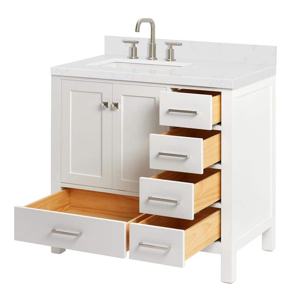 Cambridge 36" White Hardwood Freestanding Vanity with Quartz Top