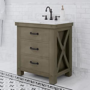 Aberdeen 30 in. W x 34 in. H Vanity in Gray with Marble Vanity Top in Carrara White with White Basin