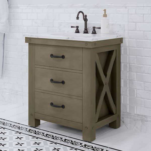 Water Creation Aberdeen 30 in. W x 34 in. H Vanity in Gray with Marble Vanity Top in Carrara White with White Basin