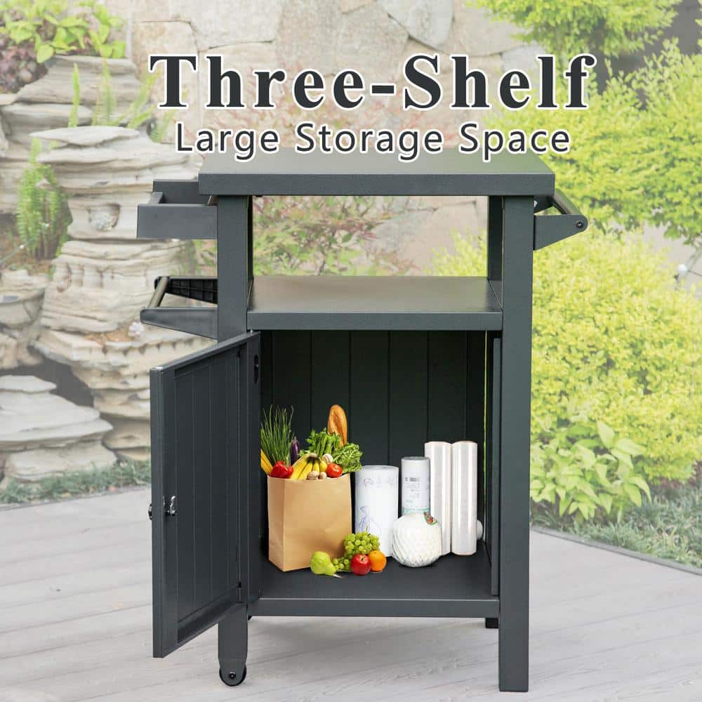 Dark Gray Metal Grill Cart with Storage and Wheels