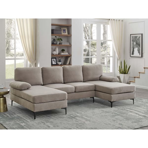 Tate Modern 106. in. Polyester Blend U-Shaped Sectional Sofa in Khaki with 2 Ottomans, Metal Legs