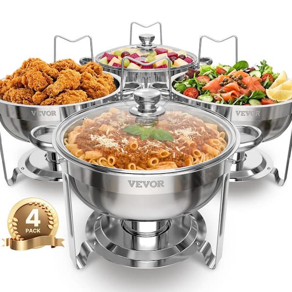 Chafing Dish Buffet Set, 5 qt. 4 Pack, Stainless Steel Chafer with 4 Full Size Pan, Round Catering Warmer Server