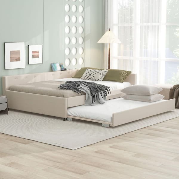 Beige Queen Size Wood Upholstered Daybed with USB and Trundle
