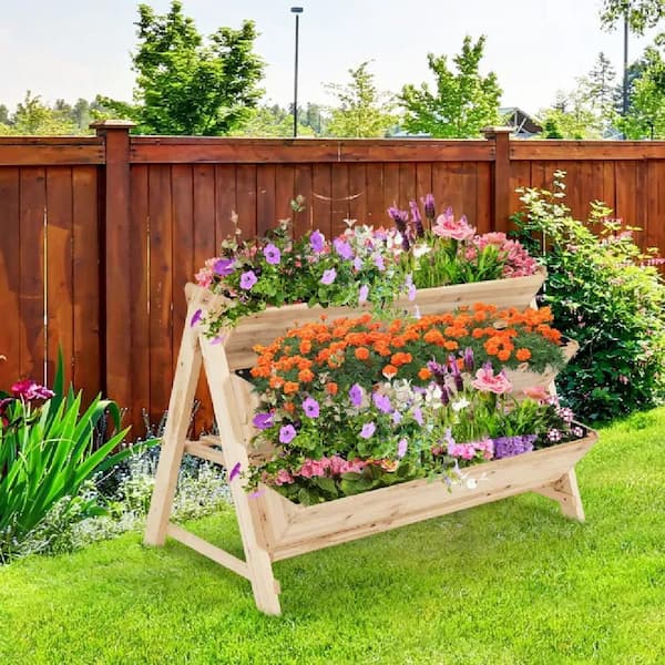 Cubilan Natural 3 Tier Wooden Vertical Raised Garden Bed with