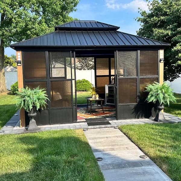 12ft. x 14ft. Sunroom Hardtop Gazebo Solarium Galvanized Steel Double Roof Aluminum PC Mesh Screen House Backyard Brown