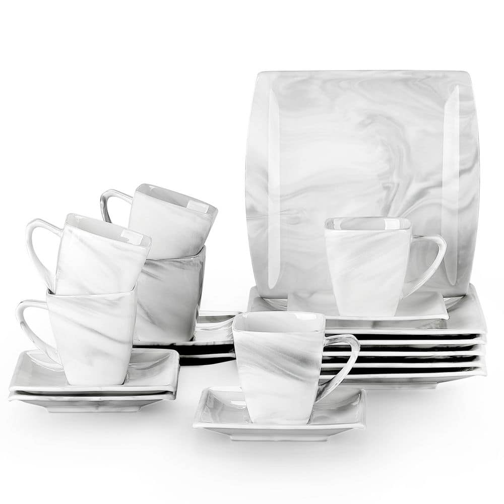 MALACASA Blance Marble Grey Porcelain Dinnerware Set with  Cups/Saucers/Dessert/Soup/Dinner Plates&1 Dish/Rectangular optional