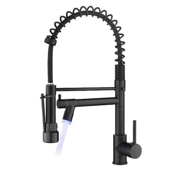 Double Handle Pull Down Sprayer Kitchen Faucet with LED Light,2-Spout in Matte Black