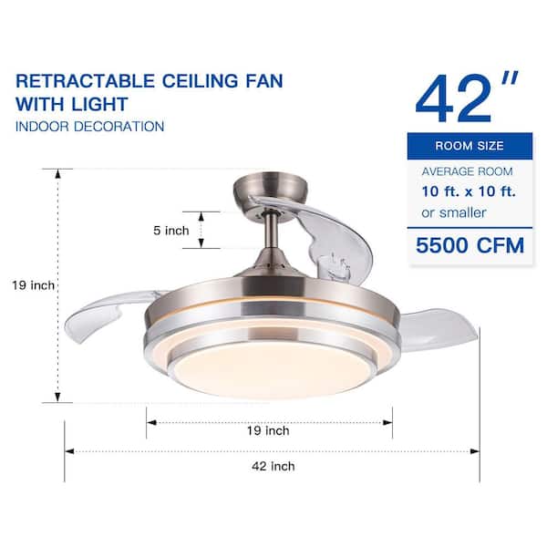 42 in. Retractable Brushed Nickel Ceiling Fan with Remote Control