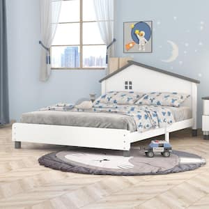 Full Size Platform Bed with House-Shaped Headboard, Wood Full Platform Bed Frame for Kids, Boys, Girls(White+Gray)