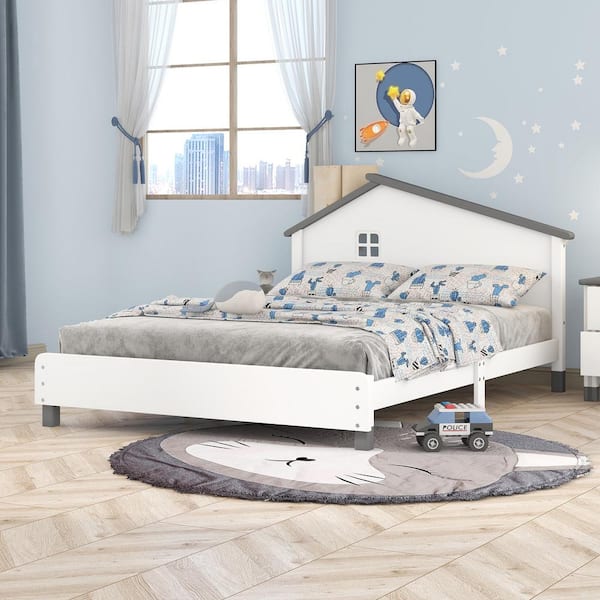 URTR White+Natural Full Size House Bed Frame, Full Floor Bed Montessori Bed Frame with Roof and Window for Kids, Girls, Boys