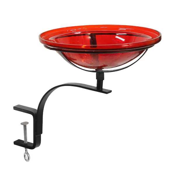 Reflective Crackle Glass Birdbath Bowl With Rail Mount Bracket, 12.5 in. dia. Red