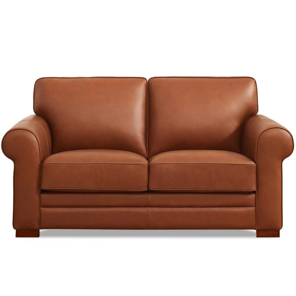 Cinnamon Brown Tufted Leather Loveseat with Wood Feet