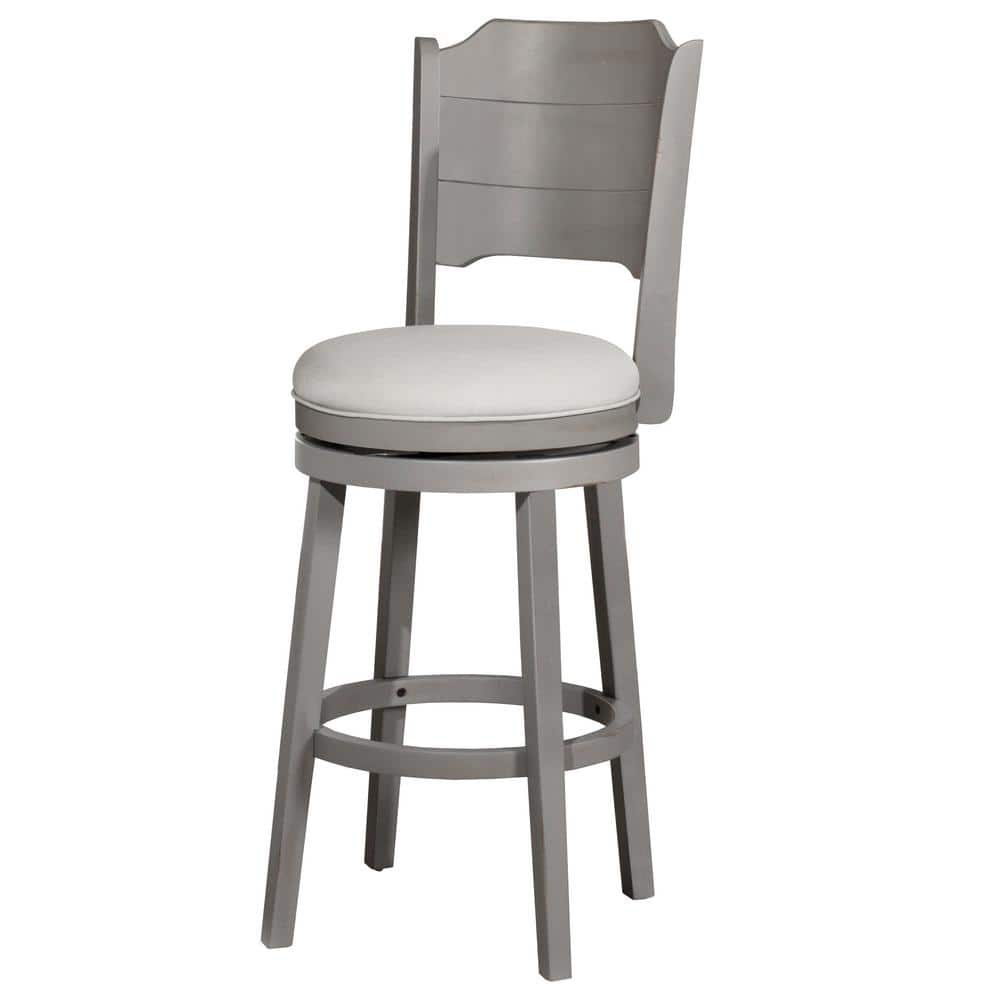 Clarion Distressed Gray Wood Swivel Barstool with Fog Gray Upholstery