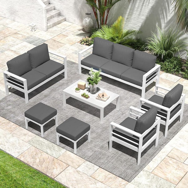 Sudzendf White 7-Piece Aluminum Patio Conversation Set with Dark Gray Cushions, Coffee Table and Stool for Garden, Backyard