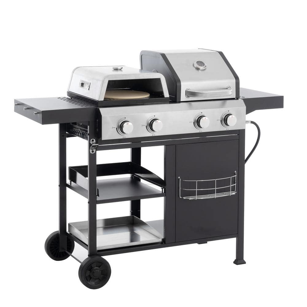 Stainless Steel Portable Propane Grill in Black and Silver, Gas Grill and Griddle Combo with Cover for Cooking, Camping