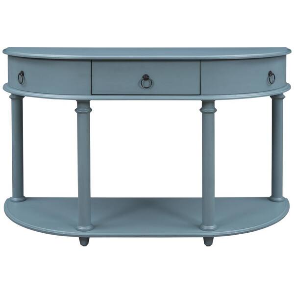 Anbazar Navy Blue 44 In Retro Curved Half Moon Console Table With 3 Drawers Wood Sofa End Bottom Shelf 00925anna 3 Drawers Wood Half Moon Sofa End Table, Half Moon Sofa End Table