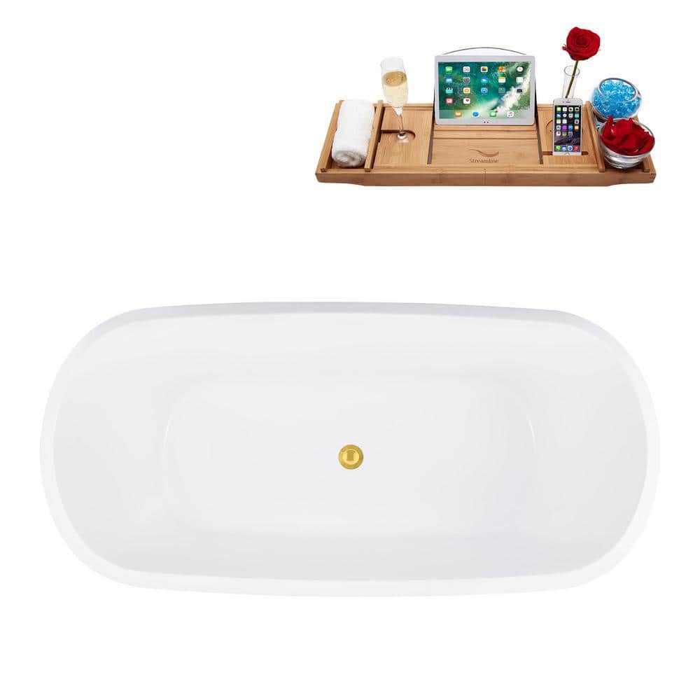59'' Glossy White Acrylic Freestanding Soaking Bathtub with Gold Drain