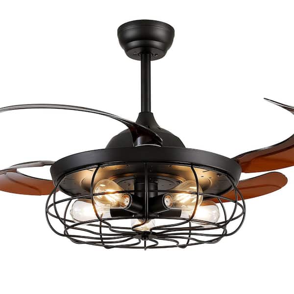 48 in. Black Rust Retractable Caged Fandelier Downrod-Mount Ceiling Fan w/ Lights and Remote Control (Bulb Not Included）