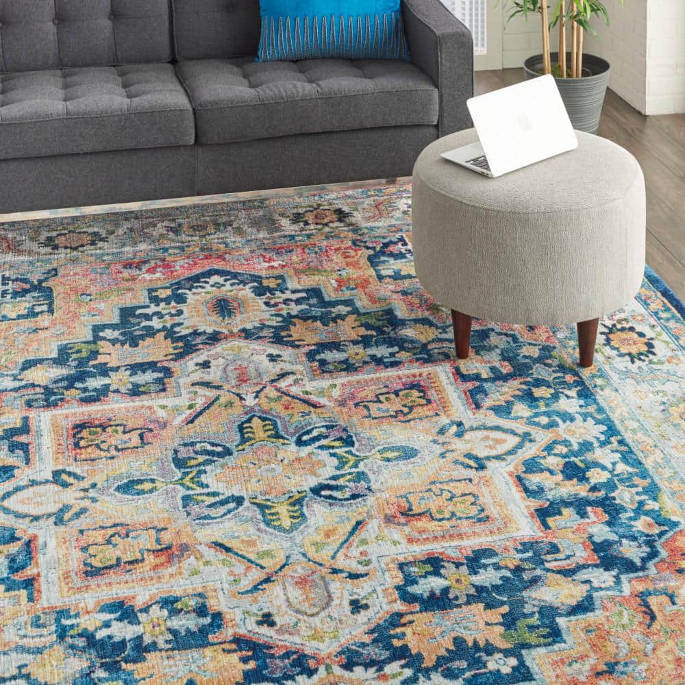Aegean Blue Round Synthetic Easy-Care Stain-Resistant Area Rug