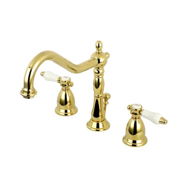 Kingston Brass Victorian Porcelain 8 in. Widespread 2-Handle Bathroom Faucet in Polished Brass