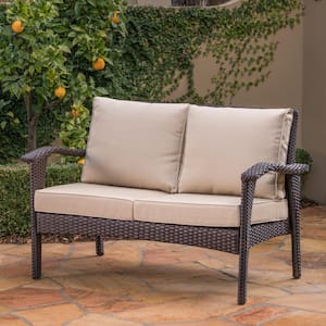 Honolulu Brown Wicker Outdoor Patio Loveseat with Tan Cushions