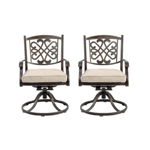 Clihome Set of 2-Cast Aluminum Outdoor Backrest Dining Chair Swivel Chairs with Beige Cushions
