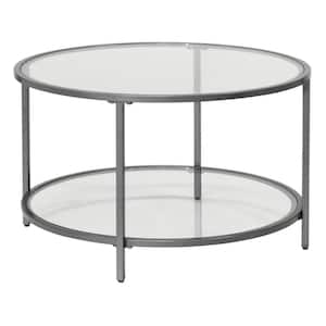 Camber Elite 28 in. Pewter Round Glass Coffee Table with Metal Frame