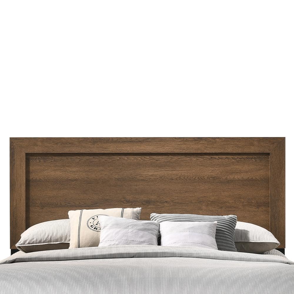Elegant Oak Queen Bed with Upholstered Headboard and Storage Drawer