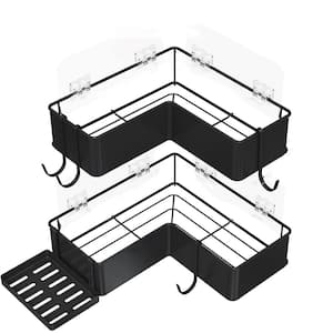 Wall Mount Adhesive Corner Shower Caddy Set with Soap Holder and 4-Hooks in Black