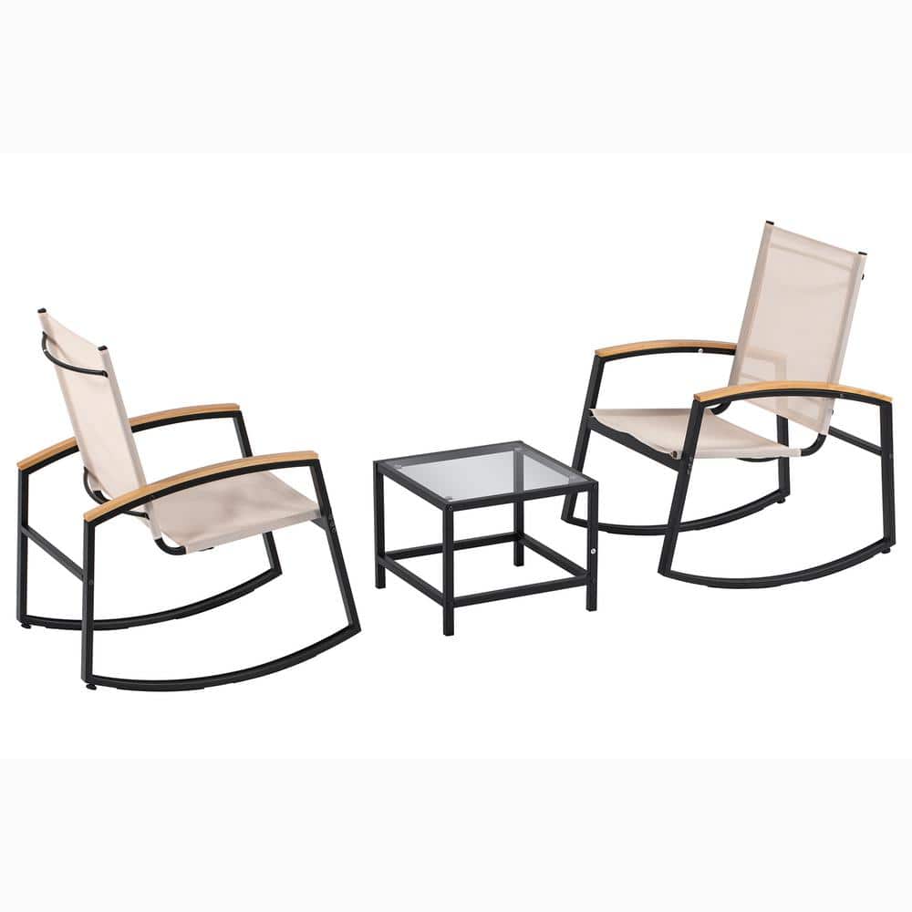 Black Metal Outdoor Rocking Chair Set with Side Table (3-Piece)