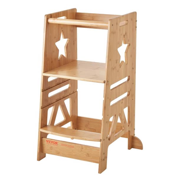 VEVOR Tower Step Stool 350 lbs. Load 3-Level Height Bamboo Toddler Stool with Safety Rail for Kitchen Bathroom
