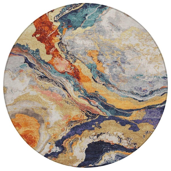 Chantille Machine Washable Indoor/Outdoor Abstract ACN1908 Linen 8 ft. x 8 ft. Round Rug