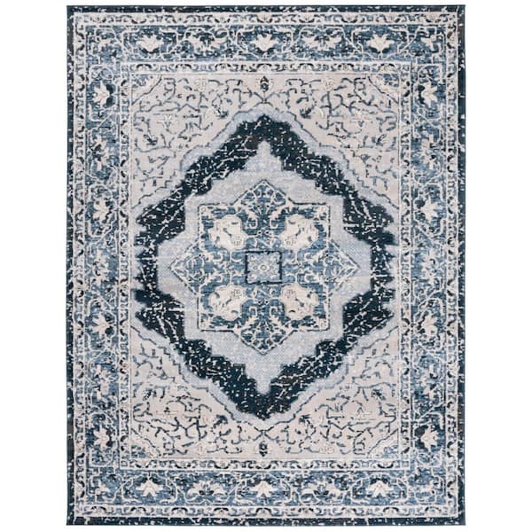 Rosewood 8 ft. x 10 ft. Ivory/Blue Ornate Border Medallion Area Rug