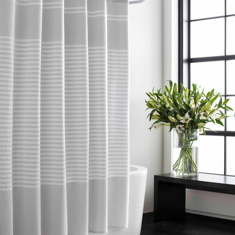 Seersucker White Cotton Striped Shower Curtain with Grommet Top