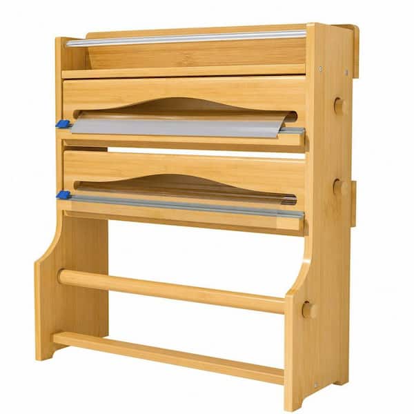Wall Mount Bamboo 4-in-1 Kitchen Paper Towel Holder with Spice Shelf Roll Dispenser Cutter for Kitchen Organization