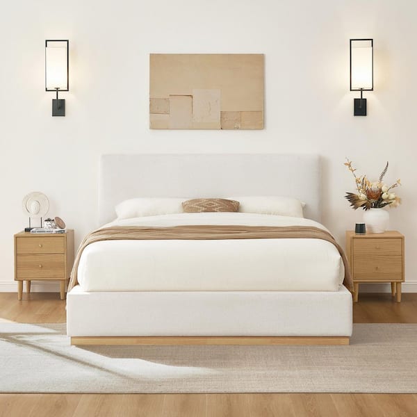 Quentin White Wood Frame Queen Upholstered Platform Bed Frame with Headboard, 14 Wooden Slats Foam for Bedroom