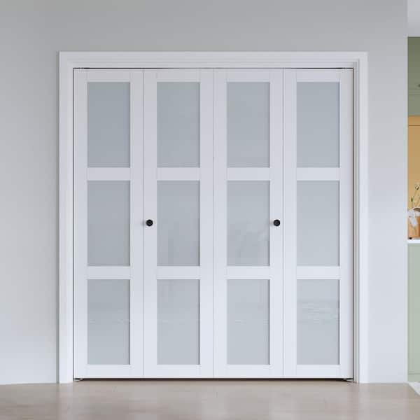 easelife 72 in. x 80 in. (Double 36 in. Bifold Doors) 3 Lite Frosted Glass White Solid MDF Bi-Fold Door with Hardware Kit