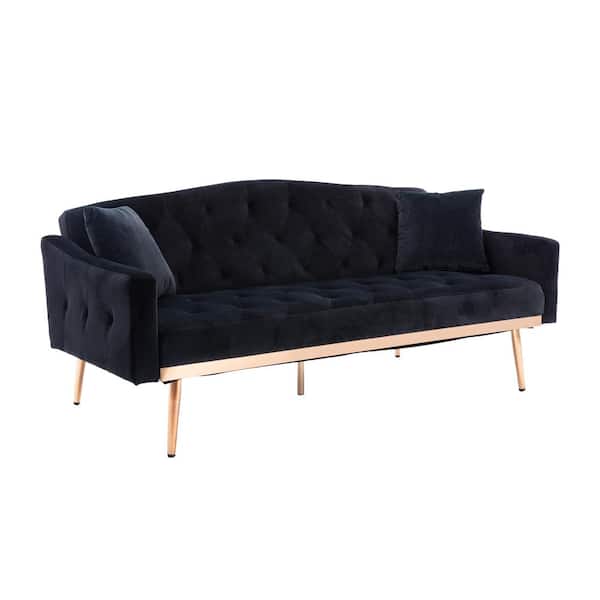 Kahomvis 65.3 in. Black Velvet Fabric Upholstered 2-Seater Loveseat with Metal Feet and Pillows, Tufted Adjustable Back Sofa Bed
