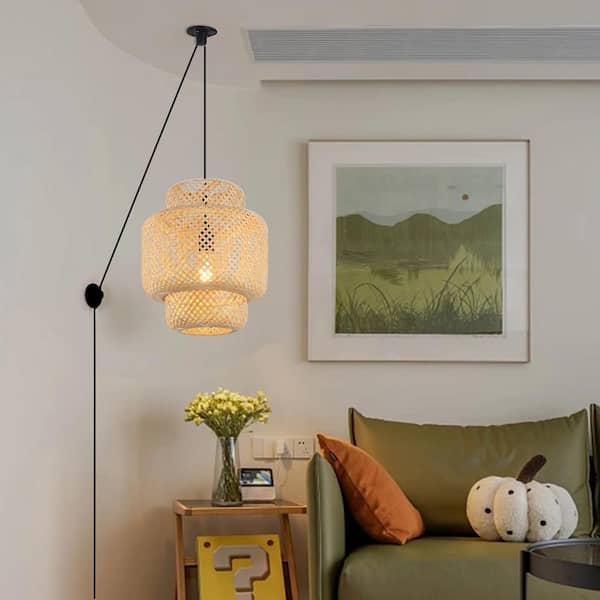 SUNLLOK Rustic 60-Watt 1-Light Plug in Bamboo Shade Pendant Light
