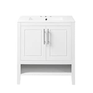 30 in. White Wood Console Sink Freestanding Bathroom Vanity Basin Combo with Integrated Ceramic Sink and Doors, Drawers