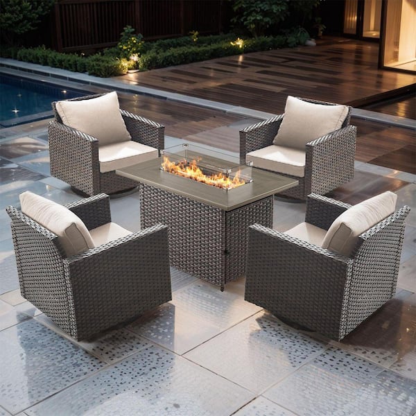 UvaNest 5-Piece Brown Wicker Patio Fire Pit Conversation Set with Beige Cushions and Outdoor Swivel Rocking Chair