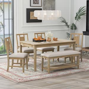 6 Piece Natural Wood Wash and Off-white Rectangle Wood Retro Dining Set with Upholstered Chairs and Bench with Shelf