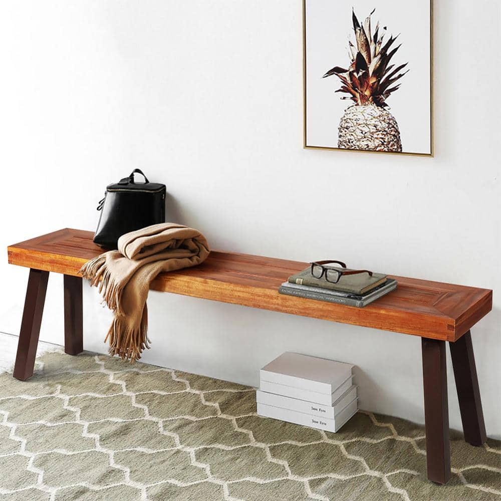 Rustic Dark Brown Acacia Wood Bench with Steel Legs