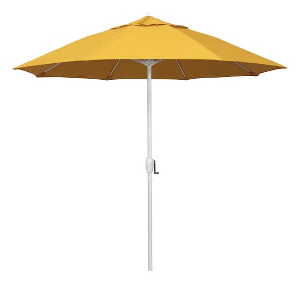 California Umbrella 9 ft. Matted White Aluminum Market Patio Umbrella Fiberglass Ribs and Auto Tilt in Sunflower Yellow Sunbrella